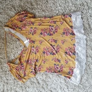 Xhiliration Floral Mustard Lace Blouse Open Back S Small